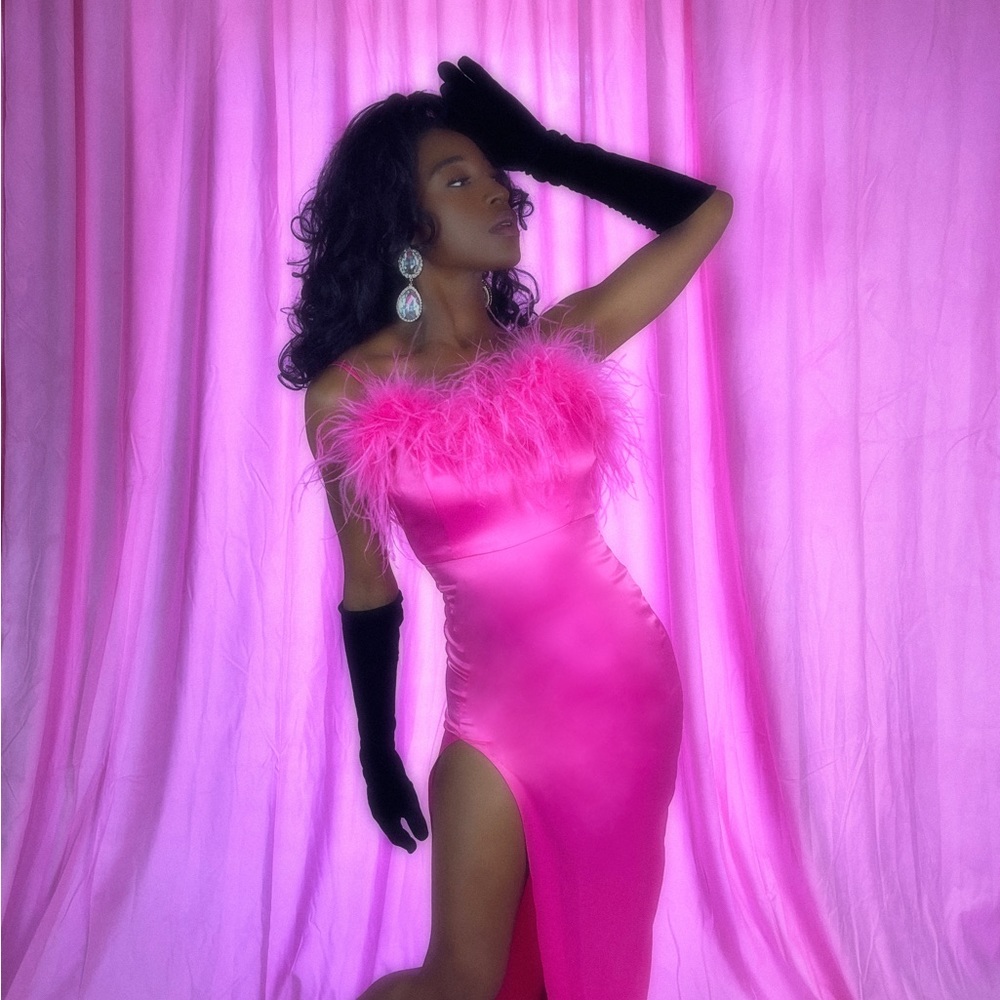 Hot Pink Glam Barbie Feather Satin Slit Dress